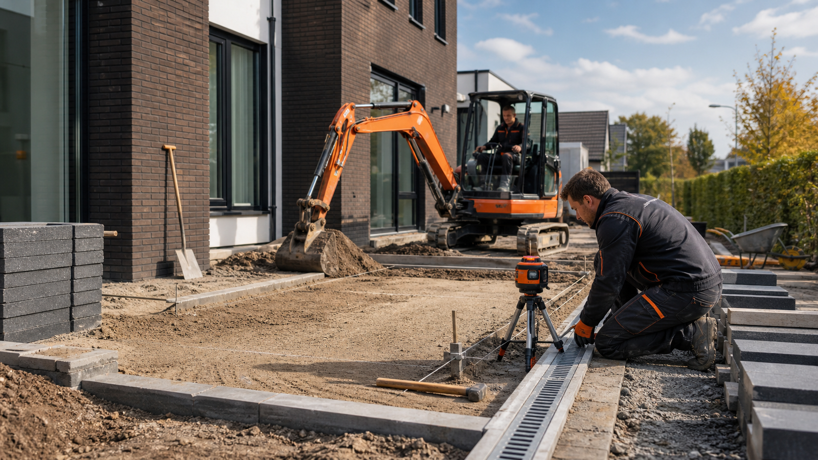 Zelfgemaakt sfeerbeeld van grondverzet en bestratingsvoorbereiding