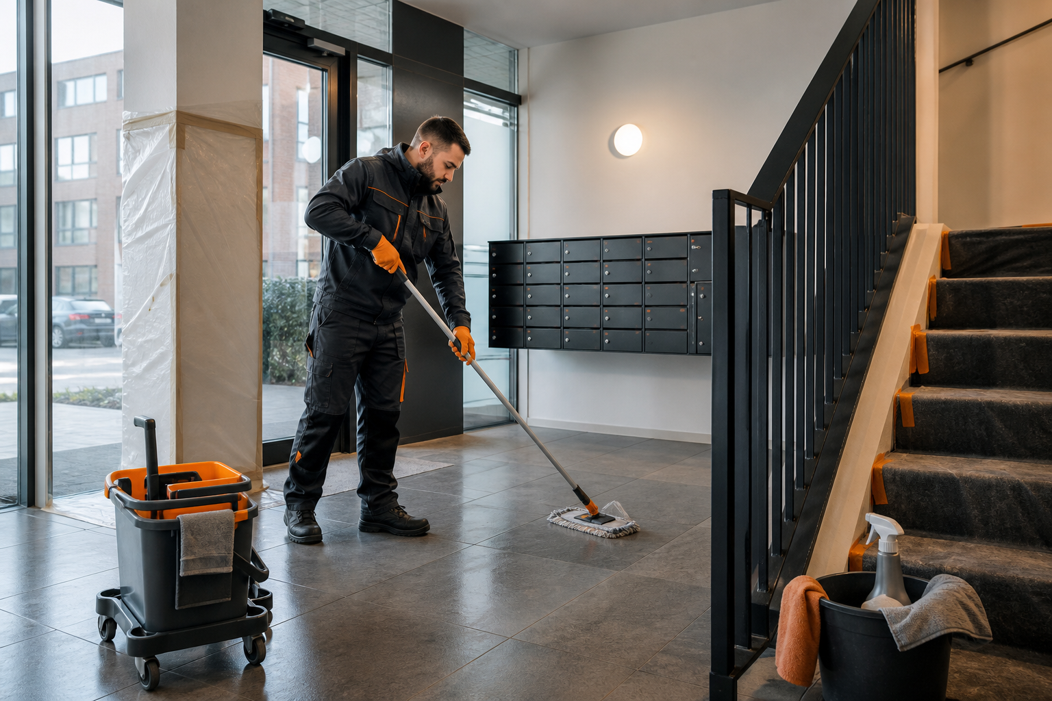 Zelfgemaakt sfeerbeeld van bouwschoonmaak bij een entree