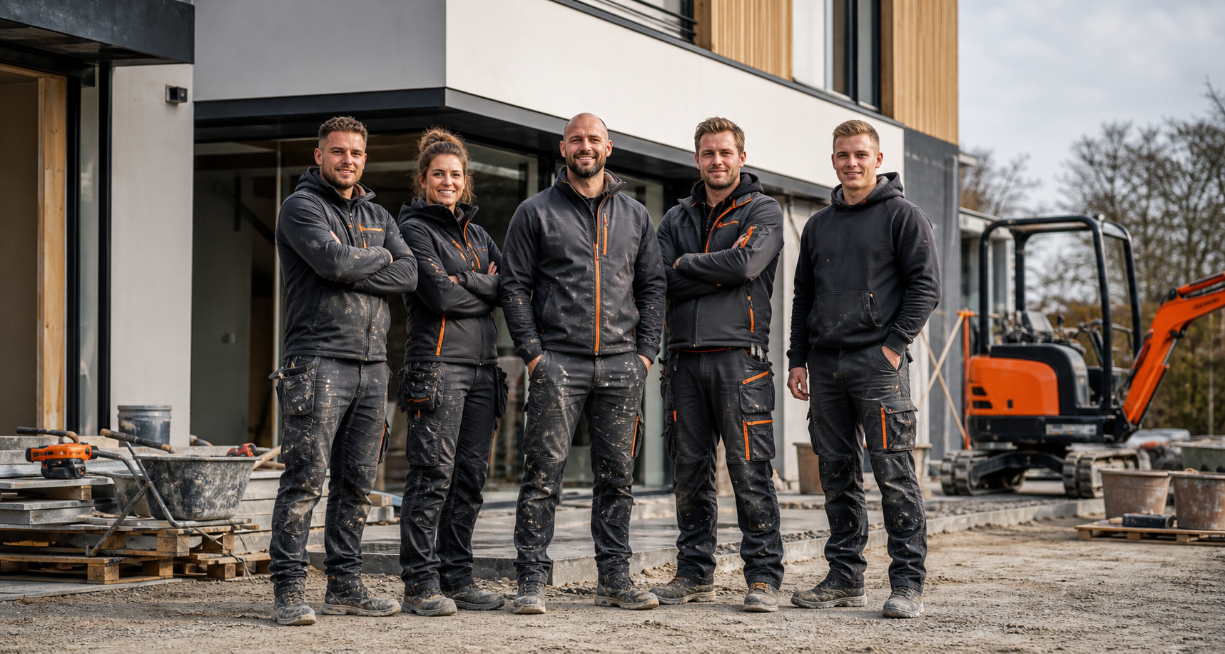 Zelfgemaakt sfeerbeeld van een bouwteam op locatie